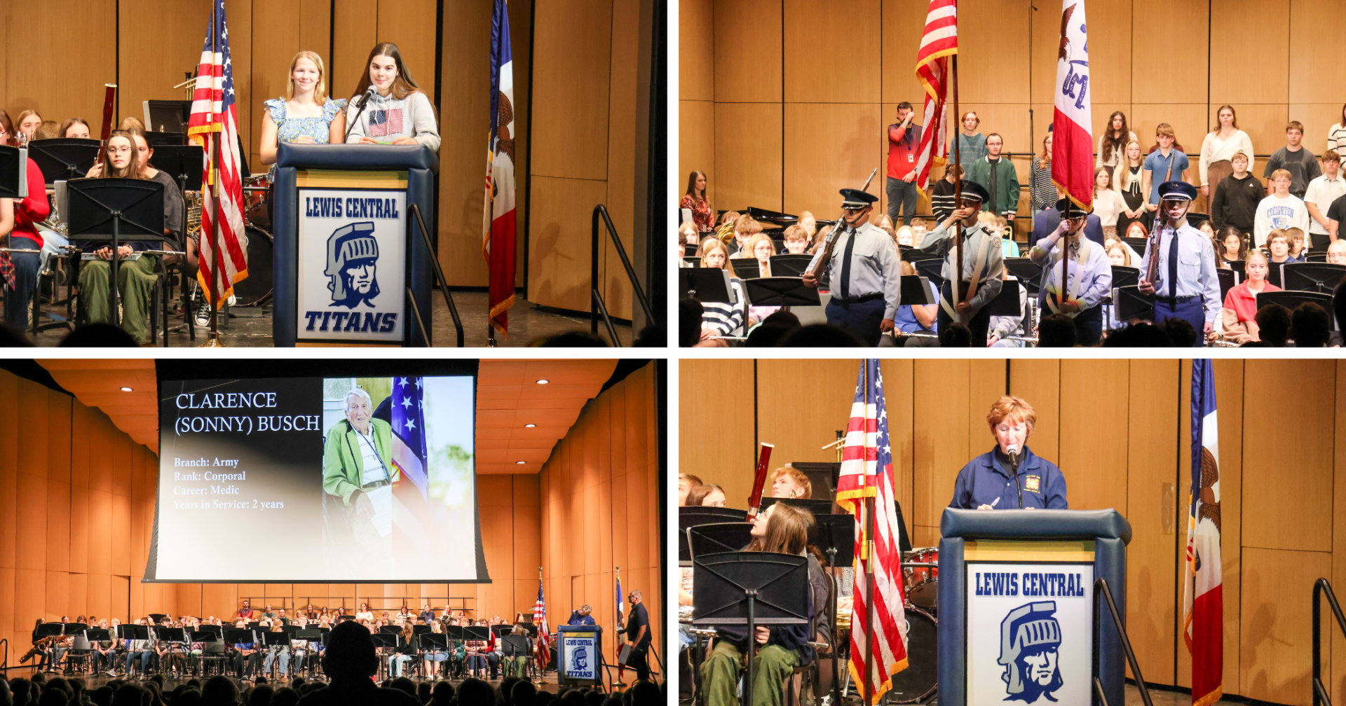 A collage of four images from the Veterans Day assembly