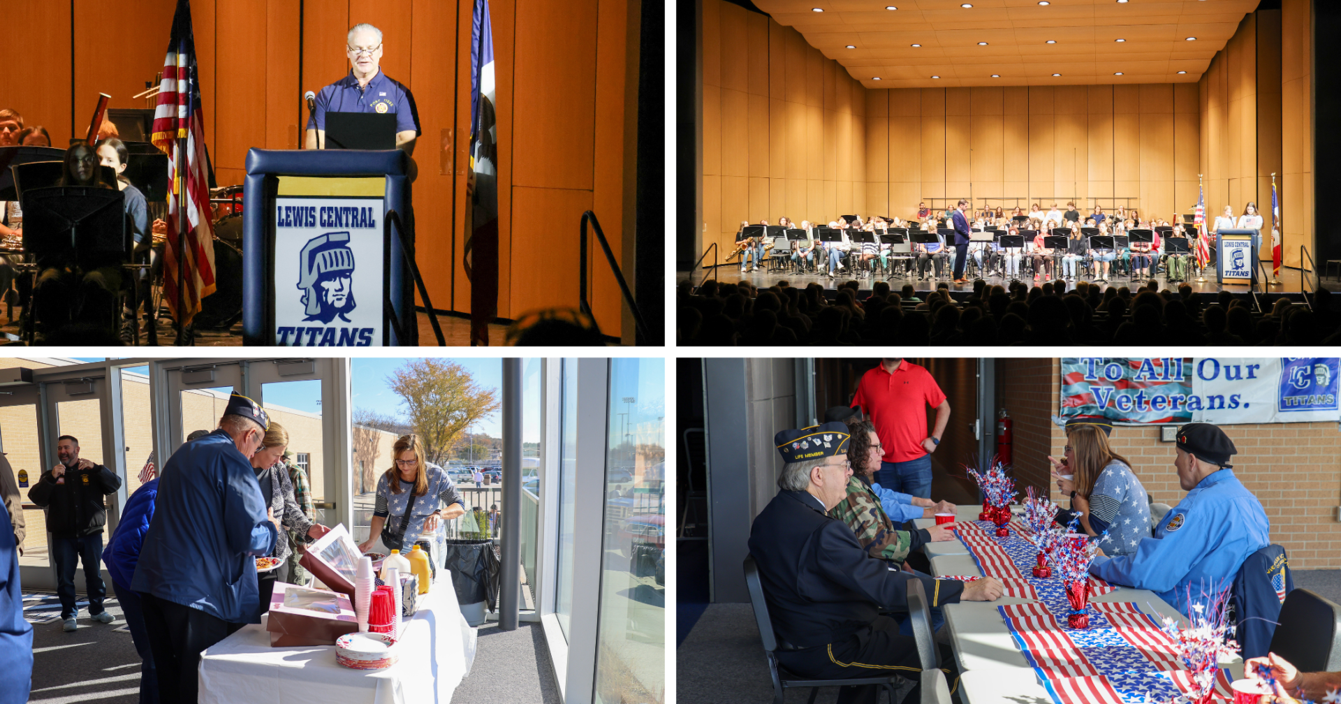 A collage of four images from the Veterans Day Assembly